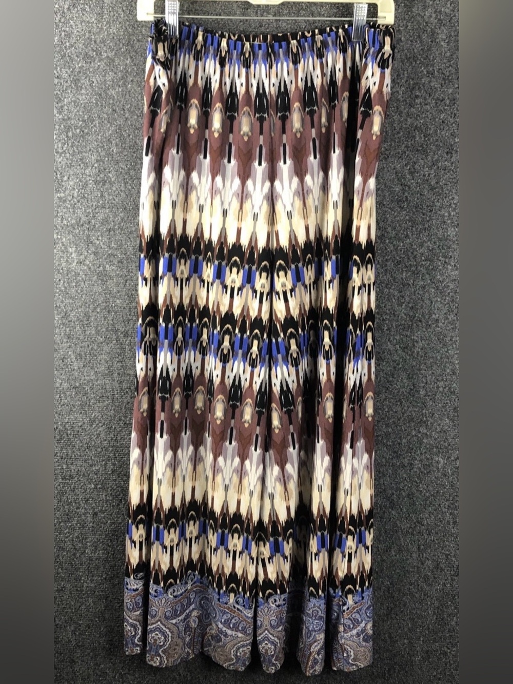Women’s Patterned XL Wide Leg Boho Pull on Pants in Brown, Blue & Cream